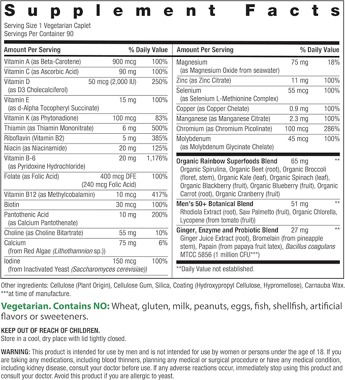 Rainbow Light Mens Multivitamin One + for 50 Plus | 90 Caplets | Supports Muscle Health | with Vitamins C D and Zinc | Real Food Nutrients Digestive Enzymes &amp Probiotics