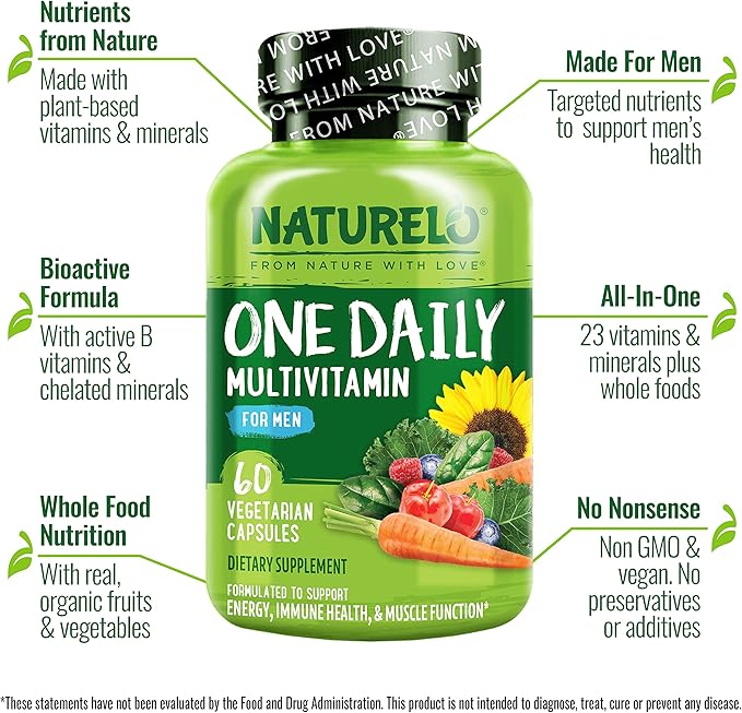NATURELO One Daily Multivitamin for Men with Vitamins Minerals &amp Organic Whole Foods - 60 Capsules and Magnesium Glycinate Chelate Complex - 120 Capsules Bundle