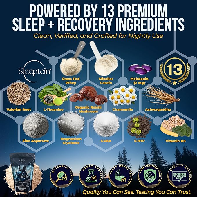 Sleeptein™ Sleep Support Protein Powder Nighttime Recovery with Casein Grass Fed Whey Magnesium GABA L-Theanine Melatonin and Natural Sleep Aids