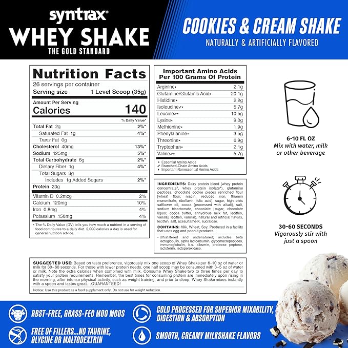 Syntrax Nutrition Whey Shake Cold Filtered &amp Undenatured Whey Protein Powder Blend Cookies &amp Cream Shake 2 lbs Real Cookie Pieces