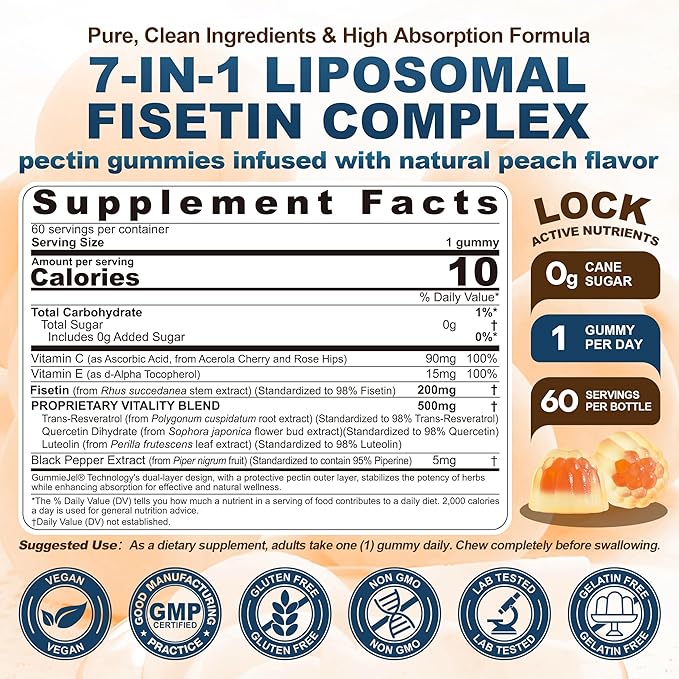 1Pack Liposomal Fisetin 200mg Liquid Gummies + 2Pack Moringa Gummies 1000mg Sugar Free