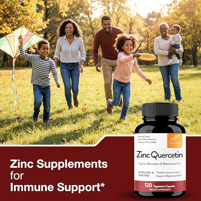 Sandhu's Zinc Quercetin 120 Vegetarian Capsules (Pack of 1) | High Absorption Zink Supplements for Immunity and Seasonal Allergy | Antioxidant Immune Support for Men and Women | Easy to Swallow