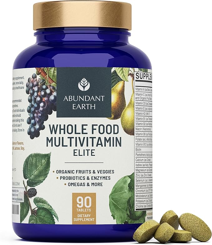 Abundant Earth Whole Food Multivitamin for Women Daily Multi Vitamins Supplements for Men/Mens Multivitamins + B Complex Probiotic Multi Enzyme Omegas for Organic Energy Mood Digestion 90ct