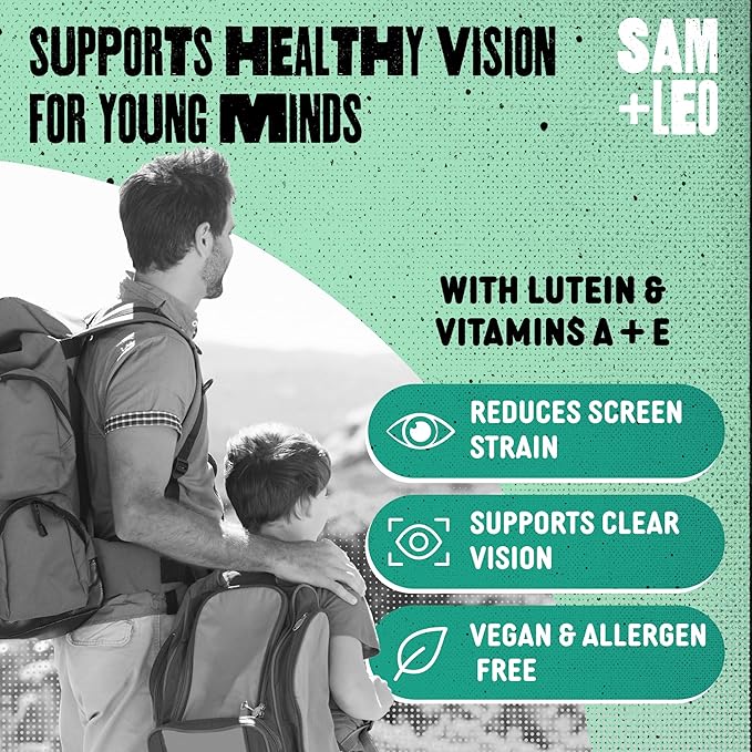 SAM+LEO Eye Vitamin Gummies with Lutein &amp Zeaxanthin for Kids &amp Teens - Eye &amp Vision Health Support Supplement Gummies + Vitamins A E &amp C | Vegan &amp Gluten Free Supplement - Orang