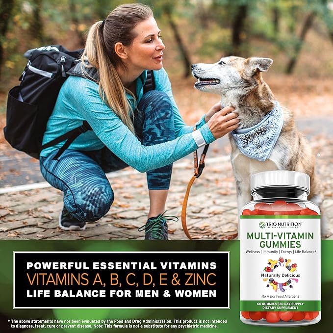 TRIO NUTRITION Daily Multivitamin Gummies for Men &amp Women - Natural Fruit Flavor with Essential Vitamins A B C D E &amp Zinc - No Major Allergens Immune Support &amp Energy Boost Supplement