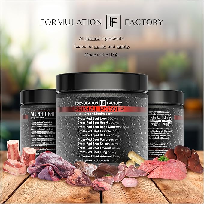Formulation Factory Beef Liver Capsules - 10-in-1 Primal Powder Beef Organ Supplement for Men &amp Women with Bone Marrow &amp Beef Testicle - Grass Fed Ancestral Health - 120 Capsules 2 Month Supp