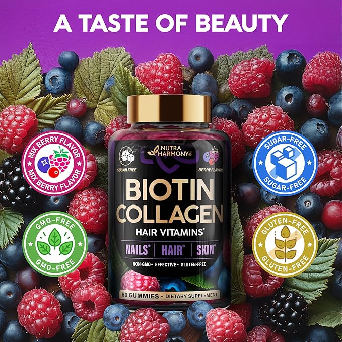 Biotin Gummies with Collagen - Hair Growth Support Skin &amp Nail Strength - for Women &amp Men - Biotin 10000mcg | Keratin | Hyaluronic Acid | B-Complex | Saw Palmetto - Sugar-Free Mixed Berry P