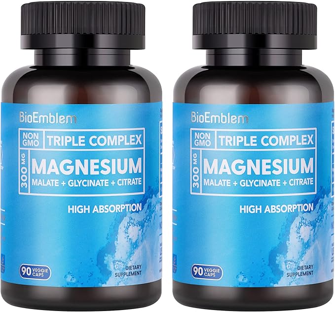 BioEmblem High Absorption Triple Magnesium Complex 300mg | Magnesium Glycinate for Nerves Malate for Energy Magnesium Supplement to Support Muscle Health | Vegan Non-GMO 180 Capsules