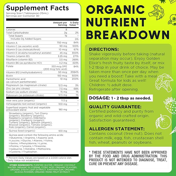 BoostMe Golden Elixir Liquid Multivitamin - Daily Vitamins Superfood with Antioxidant Blend &amp Balanced Wellness Formula Liquid - Plant-Based Immune Support Supplement for Everyday Balance &amp He