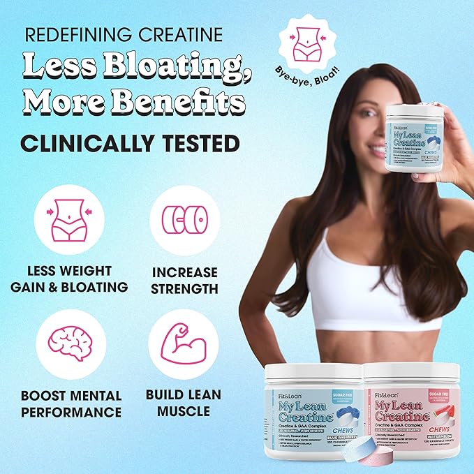 Fit &amp Lean Creatine for Women My Lean Creatine Chewable Tablets Creatine Monohydrate with GAA Muscle Performance Cognitive Function No Bloating Reduced Water Retention Blue Raspberry 30 Se