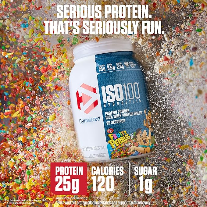 Dymatize x Fruity Pebbles ISO100 Whey Protein Powder Isolate 25g of Protein 20 Servings 5.5g BCAAs 120 Cal. Gluten Free 1g Fat 1g Sugar 2g Carb