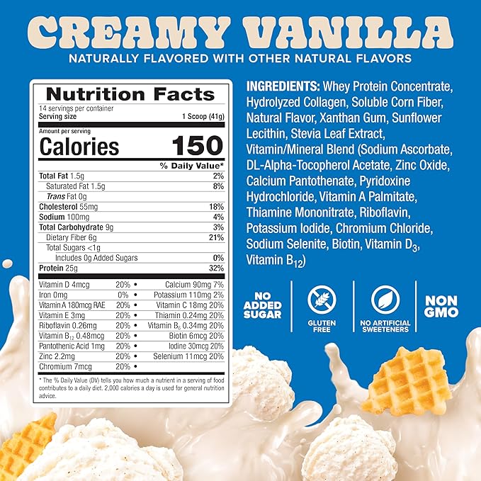 Pure Protein All-In-One Powder Vanilla - Whey &amp Collagen High Fiber Vitamins No Added Sugar Non-GMO Gluten-Free 1.25lb