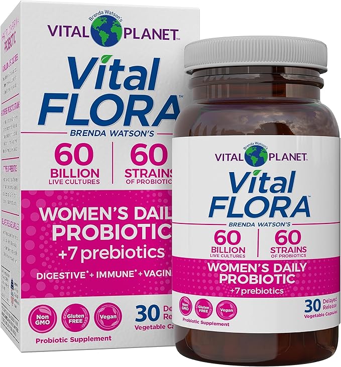 Vital Planet - Vital Flora Women’s Daily Probiotic 60 Billion CFU 60 Diverse Strains 7 Organic Prebiotics Vaginal and Immune Support Bloating Digestive Health Probiotics for Women 30 Capsules
