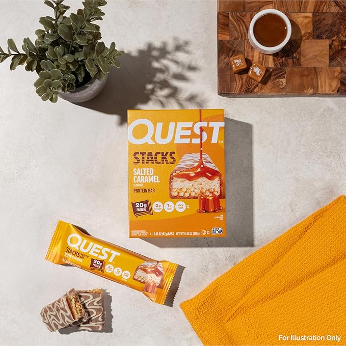 Quest Nutrition Stacks Protein Bars Salted Caramel Flavor 20g Protein 2g Net Carbs 1g Sugar High Fiber Low Sugar Gluten Free 12 Count