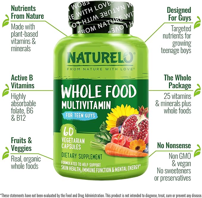 NATURELO Teen Multivitamin - Whole Food Multivitamin for Teenage Boys - Minerals Supplement for Active Kids - with Plant Extracts - Non-GMO - Vegan &amp Vegetarian - 60 Capsules (Pack of 2)
