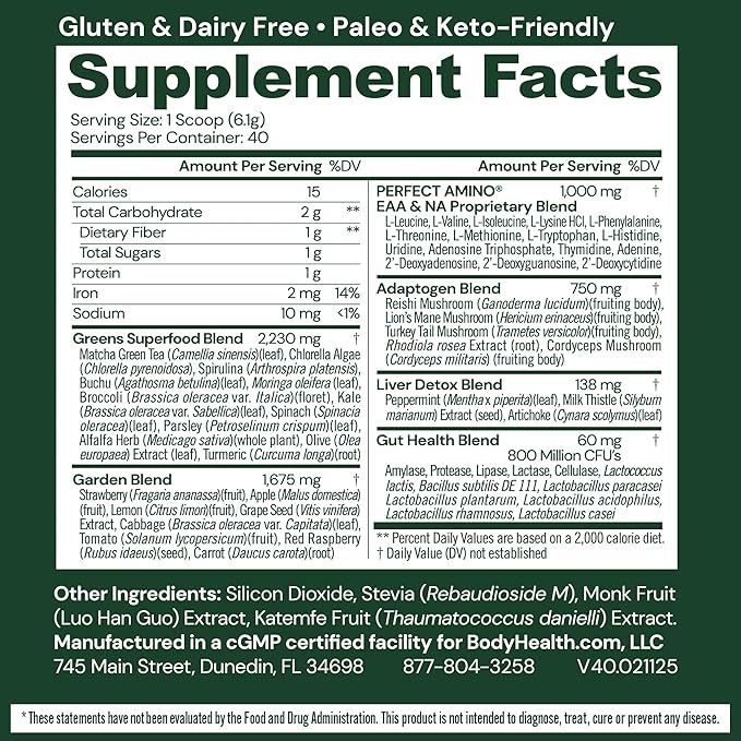 BodyHealth Greens Enhanced with PerfectAmino - Daily Superfood Green Apple Smoothie Powder with Vegetables Fruit Antioxidants Prebiotics Probiotics Fiber and Protein - 40 Servings