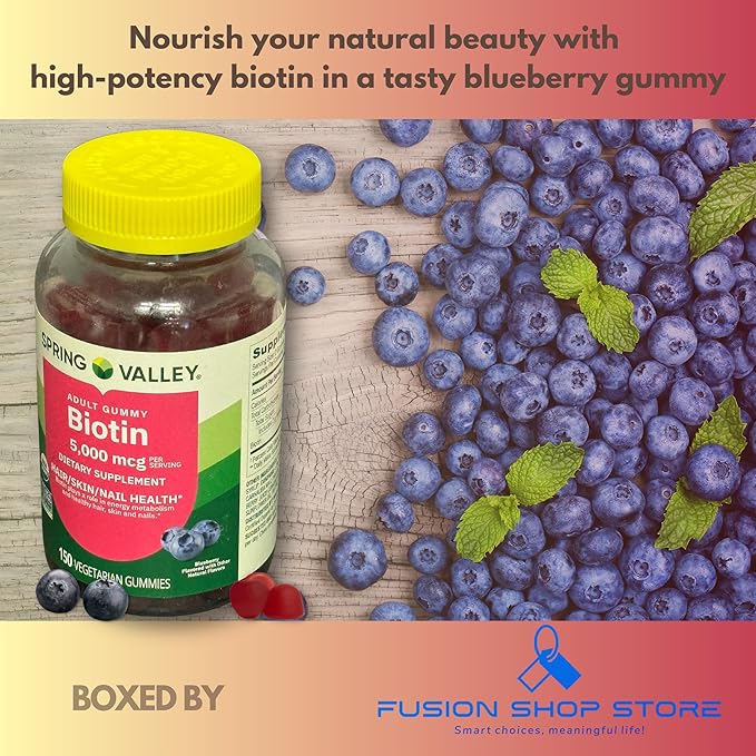Biotin 5000mcg- Blueberry Flavor Hair Skin and Nails 150 Gummies (Pack of 1) Boxed by Fusion Shop Store