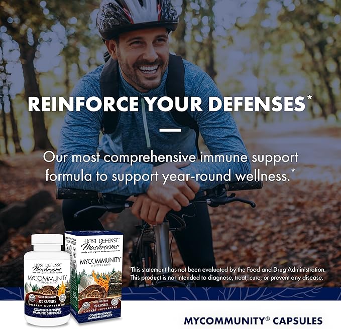 Host Defense MyCommunity Capsules - 17 Species Blend Mushroom Supplement for Immune Support - Herbal Aid with Lion's Mane Reishi. Chaga Cordyceps Turkey Tail &amp More - 120 Capsules
