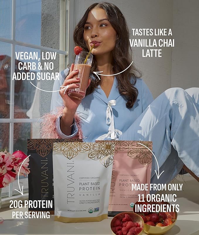 Truvani Vegan Pea Protein Powder | Vanilla Chai | 20g Organic Plant Based Protein | Single Serving Travel Packets | 10 Servings | Keto | Gluten &amp Dairy Free | Low Carb | No Added Sugar