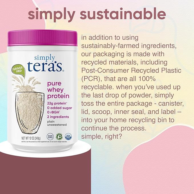 Simply tera's Pure Whey Protein Powder - Grass Fed Whey Protein Powder Clean &amp Natural Unflavored Non-GMO Kosher Unsweetened - 12 Oz.