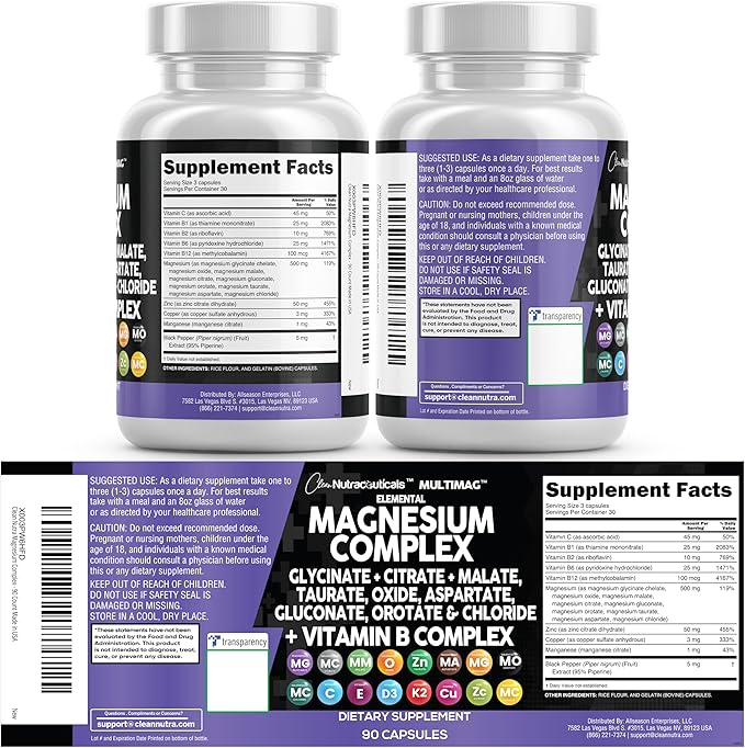 Clean Nutraceuticals Magnesium Complex with Magnesium Glycinate Citrate Malate Oxide Taurate Aspartate Orotate &amp Mag Chloride Zinc Copper Manganese (90 Count (Pack of 2))
