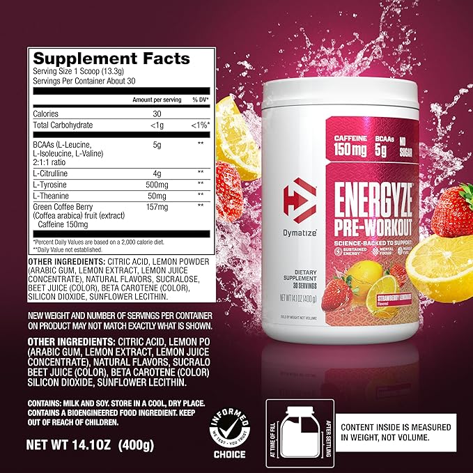 Dymatize Elite 100% Whey Protein Powder Gourmet Vanilla 2 Pound Energyze Pre-Workout Strawberry Lemonade 30 Servings Bundle