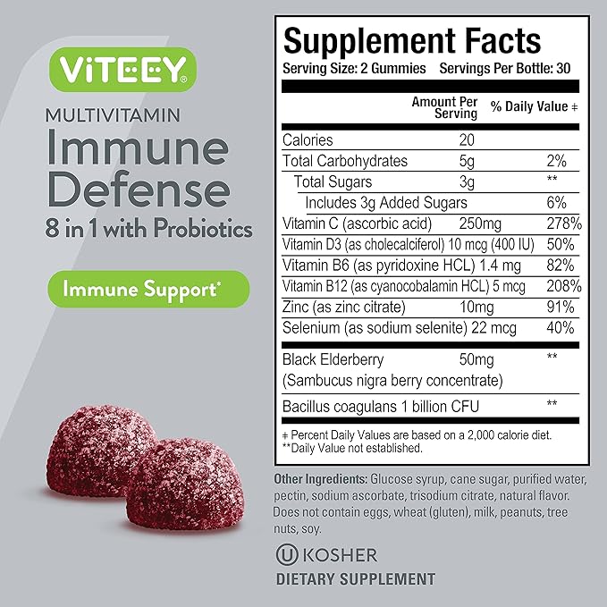 Viteey Multivitamin Gummies 8 in 1 Immune Support Supplement with Probiotics - Immune Boosters for Adults &amp Teens - Vegetarian Gelatin Free GMO Free - Chewable Berry Flavored Pectin Immune Defen