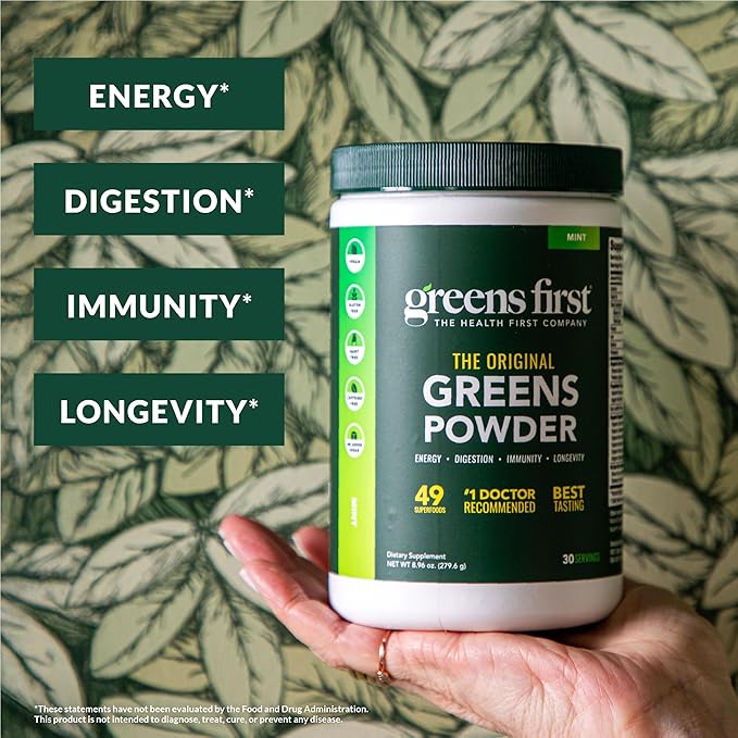 Greens First - Mint - 30 Servings - Greens Powder Superfood 49 Superfoods 15+ Organic Fruit &amp Vegetables Dairy Free Vegan &amp Non-GMO - 9.86 oz and D3+K2 Vitamins 60 Vegetable Capsules