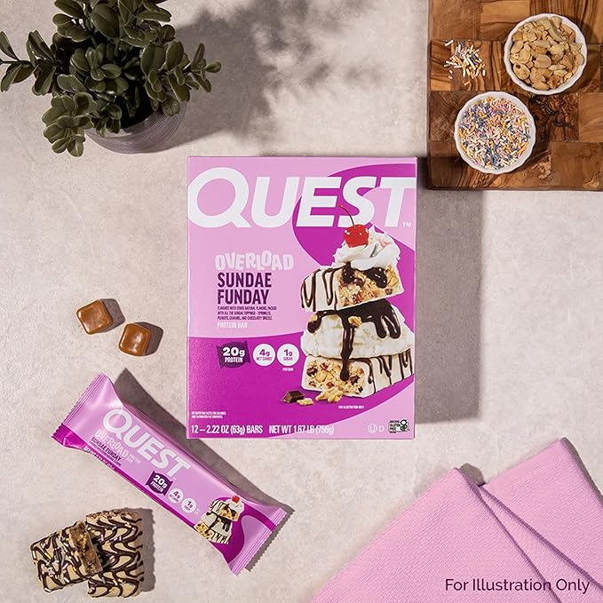 Quest Nutrition Overload Protein Bars Sundae Funday 20g Protein 1g Sugar 4g Net Carbs Gluten Free 12 Count