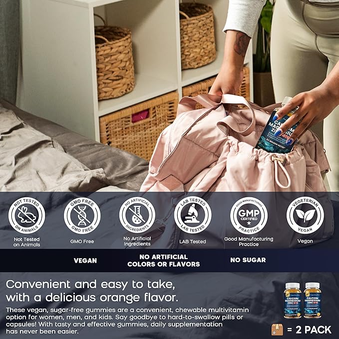 (2 Pack) Calcium Magnesium Zinc Gummies with Vitamin D3 K2 B12 &amp B6 for Adults Sugar Free Magnesium Glycinate with Potassium Sea Moss Supplement Calcium Citrate for Bone Mood &amp Sleep Suppo