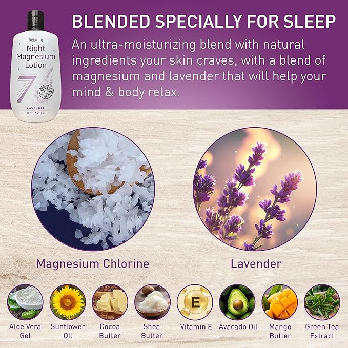 Seven Minerals Magnesium Lotion for Sleep - Lavender Relaxing Night Blend - Highly Concentrated Magnesium for Better Sleep Body &amp Mind Relaxation. Non-Greasy Skin Friendly - 8 fl oz