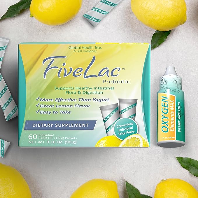 GHT - FiveLac Lemon Probiotic Powder Drink Mix Probiotics for Women Men and Kids + Oxygen Elements Max Liquid Oxygen Drops - 1 Ounce Bottle/Cultivate Healthier Digestion and Cleanse Cells