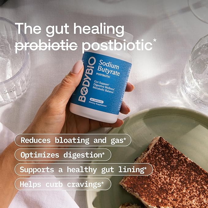 BodyBio Butyrate - Postbiotic for Gut Health Digestive Support Bloat Gas &amp Constipation Relief Leaky Gut Repair - Sodium + Butyric Acid Supplement for GI Wellness