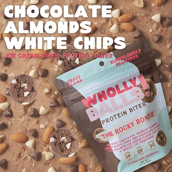 Wholly Balls Protein Bites – Healthy Plant-Based Snack | High Protein Low Sugar Gluten-Free Energy Balls (Pack of 3 Rocky Roadie)