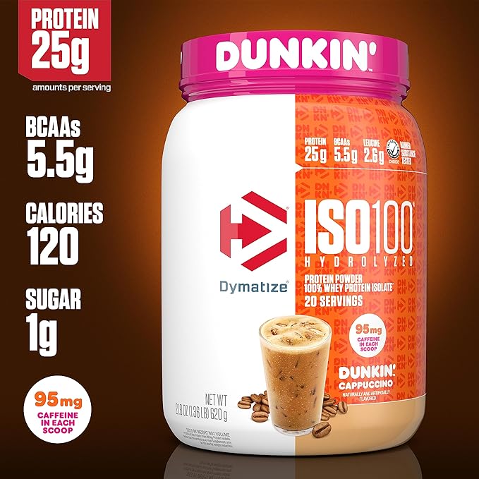 Dymatize x Dunkin' Cappuccino ISO100 Whey Protein Powder 95mg Caffeine 25g of Protein5.5g BCAAs 120 Cal. Gluten Free 1g Fat 1g Sugar 2g Carb (20 Servings)