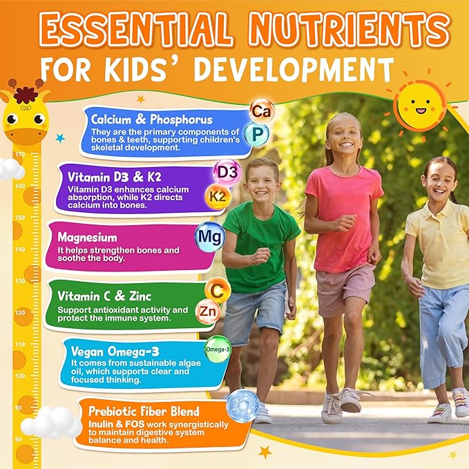 Kids Calcium Gummies with Vitamin D3 K2 - Calcium Citrate with Magnesium Zinc Omega-3 and Probiotics for Kids Bone Health Digestive &amp Development Support - Sugar Free Gummies Non-GMO Vegan