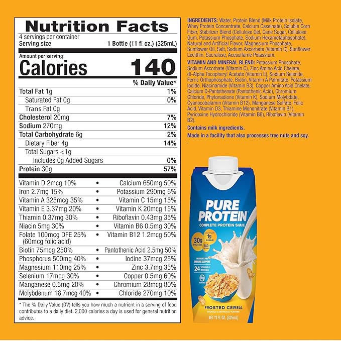 Pure Protein Complete Protein Shake Frosted Cereal 30g High Protein Drink Less than 1g Sugar 4g Fiber Ready to Drink Non GMO On-the-Go Shakes 11oz Bottles 12 Pack