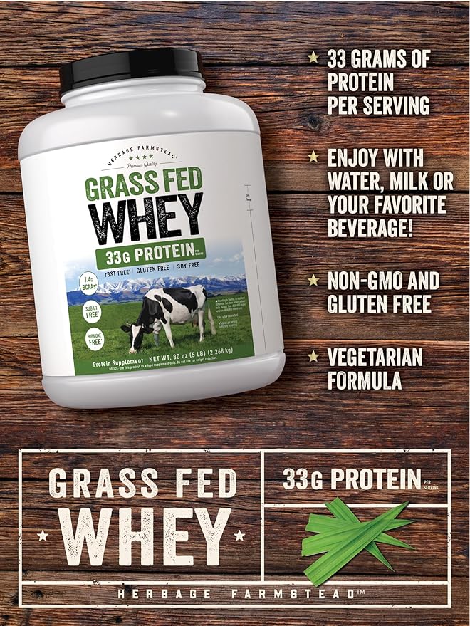 Carlyle Grass Fed Whey Protein Powder | 5lb (80 oz) | 33g of Protein Per Serving | Unflavored | Sugar and Hormone Free | Non-GMO and Gluten Free Supplement | by Herbage Farmstead