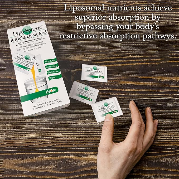 LivOn Laboratories Lypo-Spheric R-Alpha Lipoic Acid - 30 Packets - 226mg Per Packet - Liposome Encapsulated for Maximum Bioavailability - 100% Non-GMO
