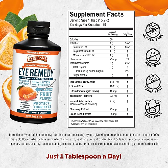 Barlean's Eye Remedy Supplement Tangerine Flavored Fish Oil Liquid with Lutein Astaxanthin and Zeaxanthin1000mg Omega 3 EPA DHA Eye Care Supplements 16 oz