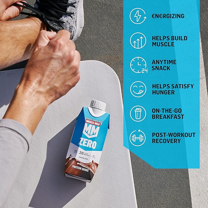 Muscle Milk Zero Protein ShakeChocolate20g ProteinZero Sugar100 CaloriesCalciumVitamins AC &amp D4g FiberEnergizing SnackWorkout RecoveryPackaging May Vary11.16 Fl Oz(Pack of 24)