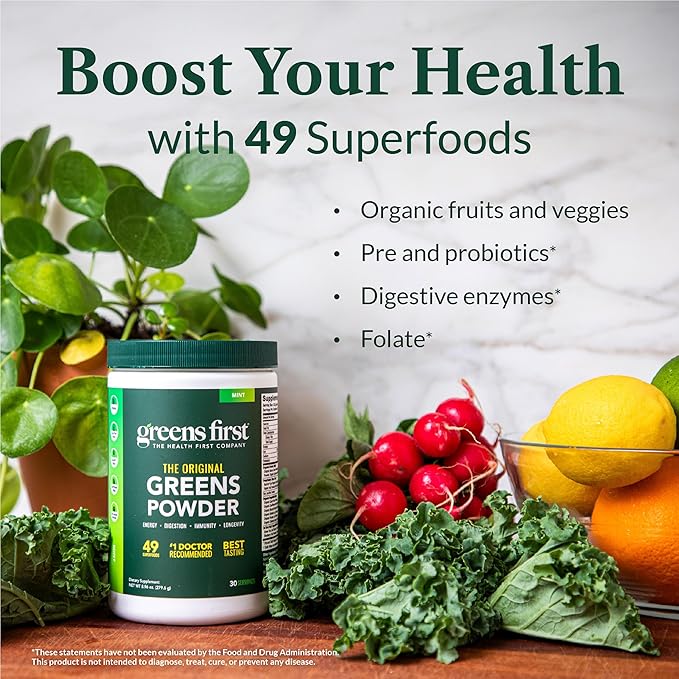 Greens First Original Greens Powder - 49 Superfoods - Organic Fruits &amp Veggies - Prebiotics Probiotics &amp Digestive Enzymes - Antioxidant Smoothie - Dairy Free Vegan &amp Non-GMO (Mint 60 S