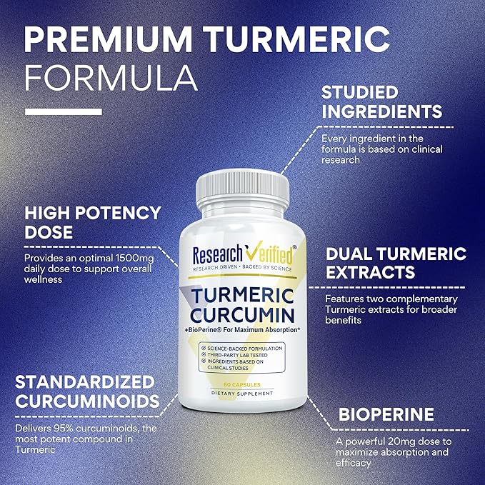 Research Verified Turmeric Curcumin Supplement with Black Pepper (BioPerine) - High Potency Curcumin -Antioxidant Joints &amp Daily Wellness - 60 Vegan Turmeric Capsules - Made in USA - 6 Month Supp