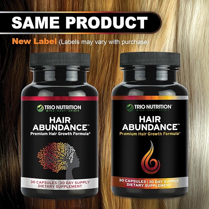 TRIO NUTRITION Hair Abundance | Natural Vitamin Supplement for Hair Growth Strong Nails and Smooth Skin| Boosted with Collagen Keratin Zinc &amp Selenium | Biotin 10000mcg | 30 Day Supply
