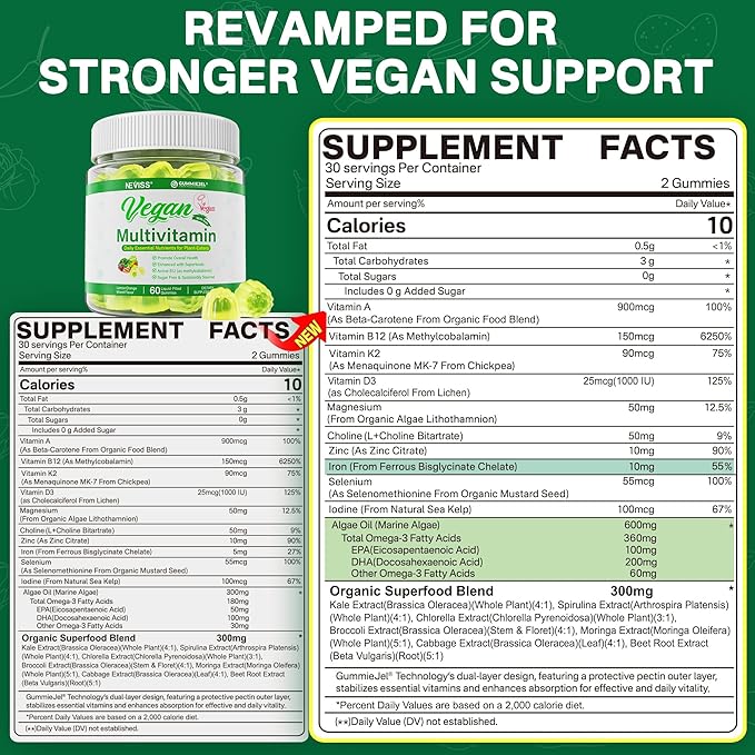 NEVISS (2 Pack) Vegan Multivitamin for Women &amp Men with Methyl B12 D3 K2 Plant Based Omega 3 Iron Choline Zinc Whole Food Daily Vitamins Gummies for Vegans &amp Vegetarians Sugar Free