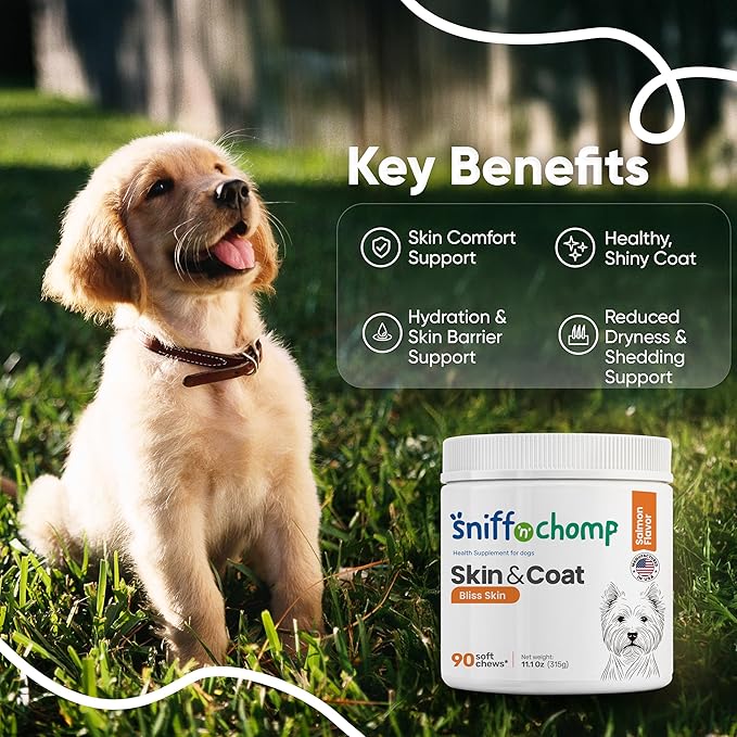 SNIFF N CHOMP Omega 3 for Dogs Chews Skin and Coat Supplement for Dogs Omega 6 Fish Oil Formula Itchy Dry Skin Relief Healthy Coat Shine Support All Breeds | 90 Soft Chews