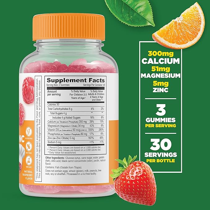 Lifeable Calcium Magnesium &amp Zinc Kids + Magnesium Kids Gummies Bundle - Great Tasting Vitamin Supplement Gluten Free GMO Free Chewable Gummy