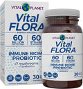 Vital Planet - Vital Flora Immune Support Probiotic 60 Billion CFU Diverse Strains Organic Mushroom Supplement Blend with Prebiotics Digestive Health Probiotics for Women and Men 30 Capsules