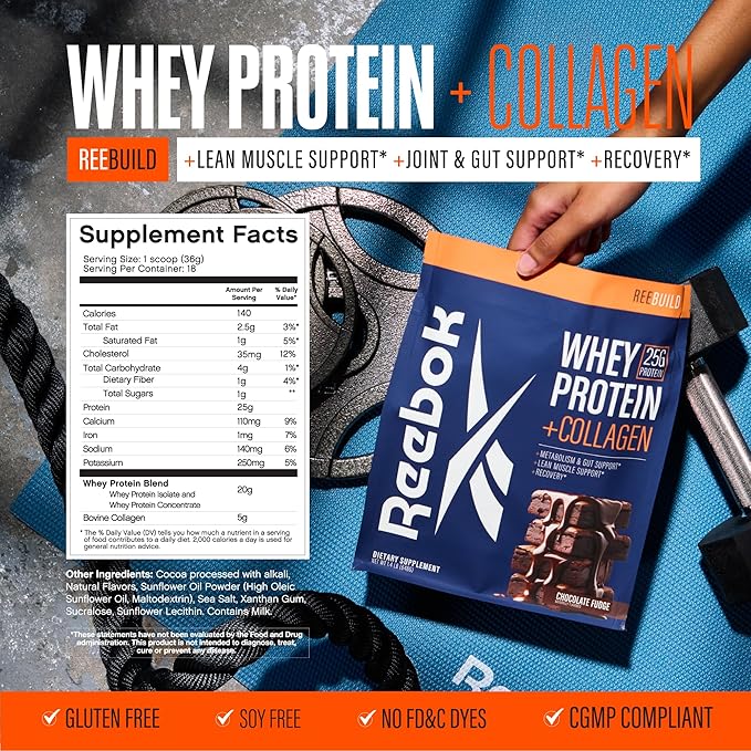 Reebok REEbuild Whey Protein + Collagen Bundle | Vanilla Ice Cream &amp Chocolate Fudge | 25G Protein Joint Health | Complete Protein System | Multi-Flavor Bundle