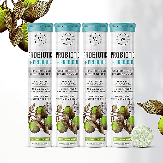 WELLBEING NUTRITION Daily Probiotic + Prebiotic| Plant Based |36 Billion CFU 6 Strains for Men &amp Women with Organic Prebiotic Fiber for Digestion Gut Health Metabolism | 84 Effervescent Tabs